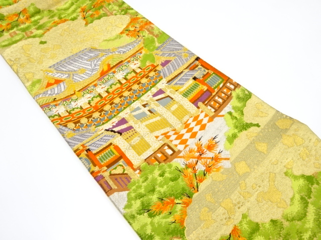 JAPANESE KIMONO / ANTIQUE FUKURO OBI / SILK / WOVEN TEMPLE SCENERY